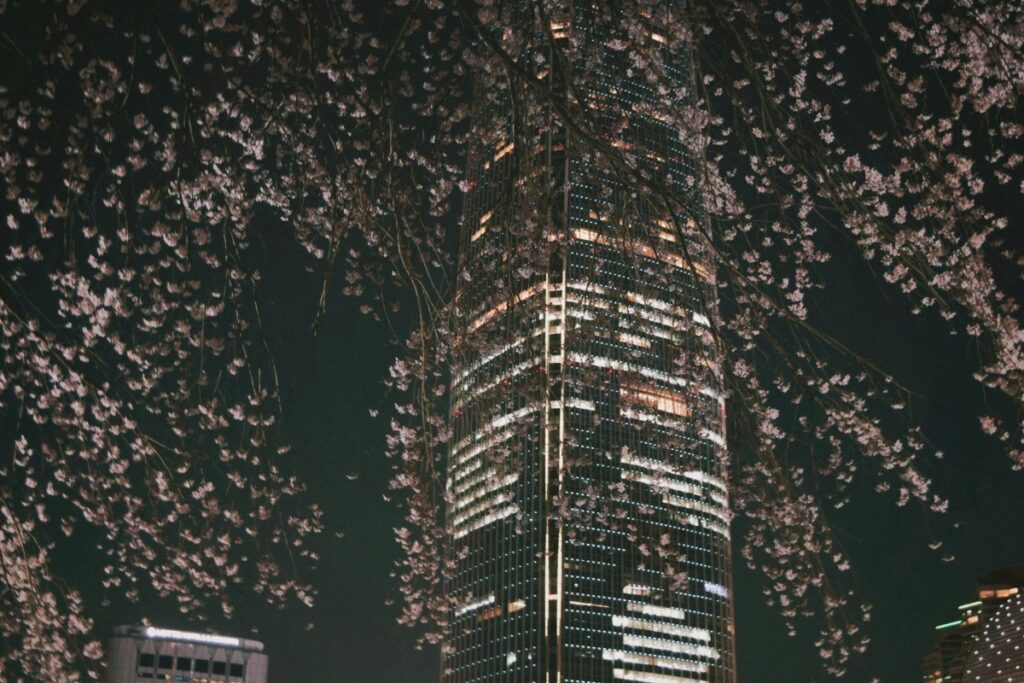 이 그림은 밤에 빛나는 고층 빌딩과 앞에 핀 벚꽃을 보여줍니다. 벚꽃의 아름다운 꽃잎이 빌딩을 감싸면서 현대와 자연의 조화로운 이미지를 연출합니다. 인스타그램 마케팅 2025 성공 전략과 트렌드와 마찬가지로, 이 사진도 시각적인 매력을 극대화해 관심을 끌고 있습니다. 인스타그램 마케팅에서도 유익하고 예쁜 콘텐츠를 제작하며, 트렌드를 따라가면서 팔로워들의 눈길을 사로잡을 수 있습니다.